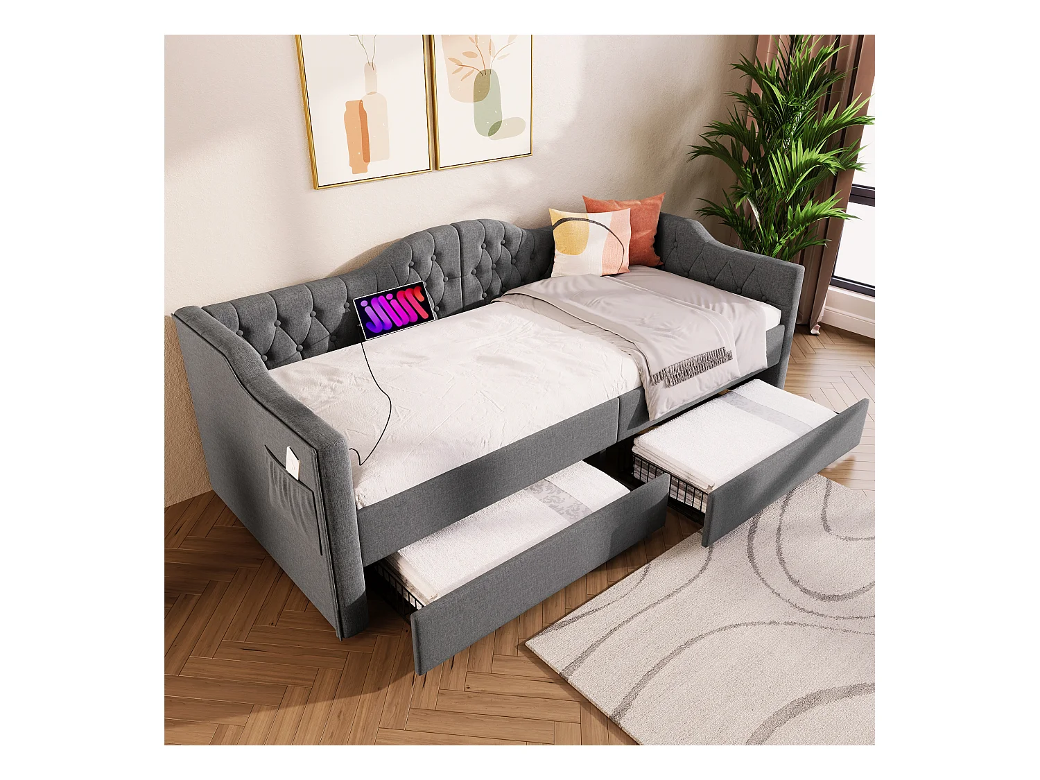 Lit banquette capitonné 90×200 cm, canapé-lit avec 2 tiroirs et ports USB-C, tissu lin gris, sans matelas