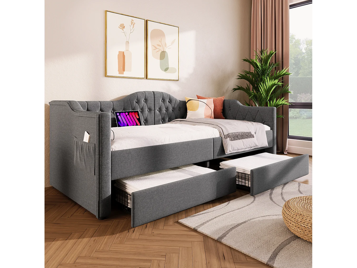 Lit banquette capitonné 90×200 cm, canapé-lit avec 2 tiroirs et ports USB-C, tissu lin gris, sans matelas