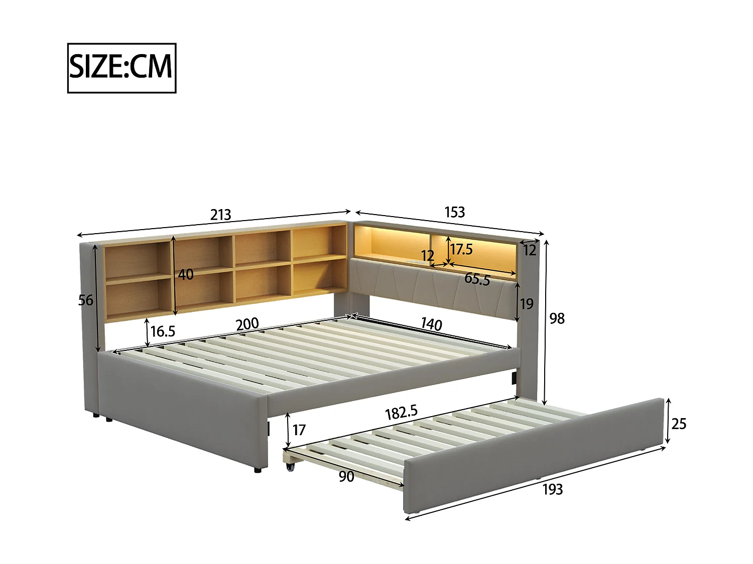 Canapé-lit 140x200 cm avec lit gigogne 90x190 cm, LED, ports USB et rangements multiples, flanelle gris foncé