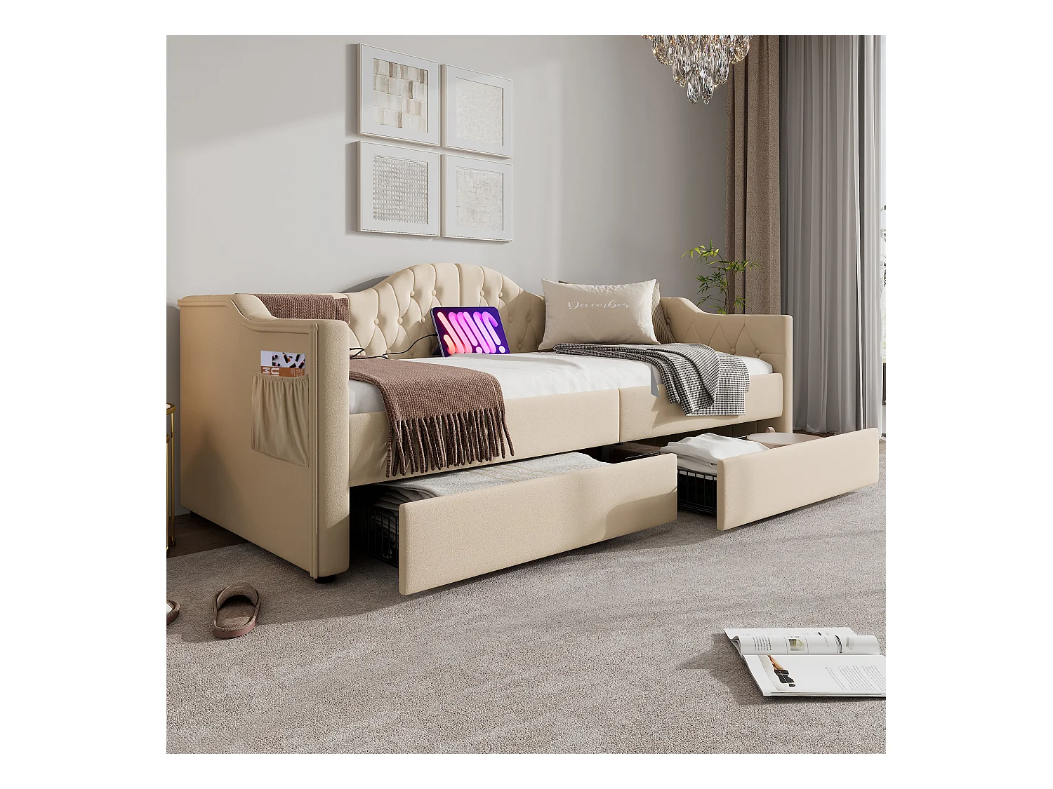 Lit banquette capitonné 90×200 cm, canapé-lit avec 2 tiroirs et ports USB-C, velours beige, sans matelas