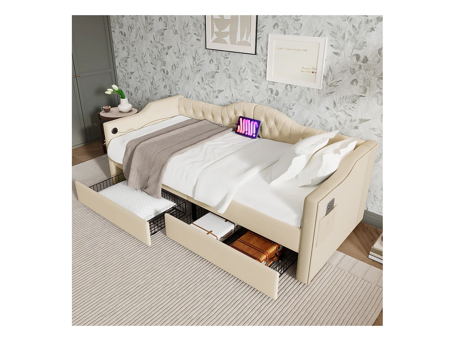 Lit banquette capitonné 90×200 cm, canapé-lit avec 2 tiroirs et ports USB-C, velours beige, sans matelas