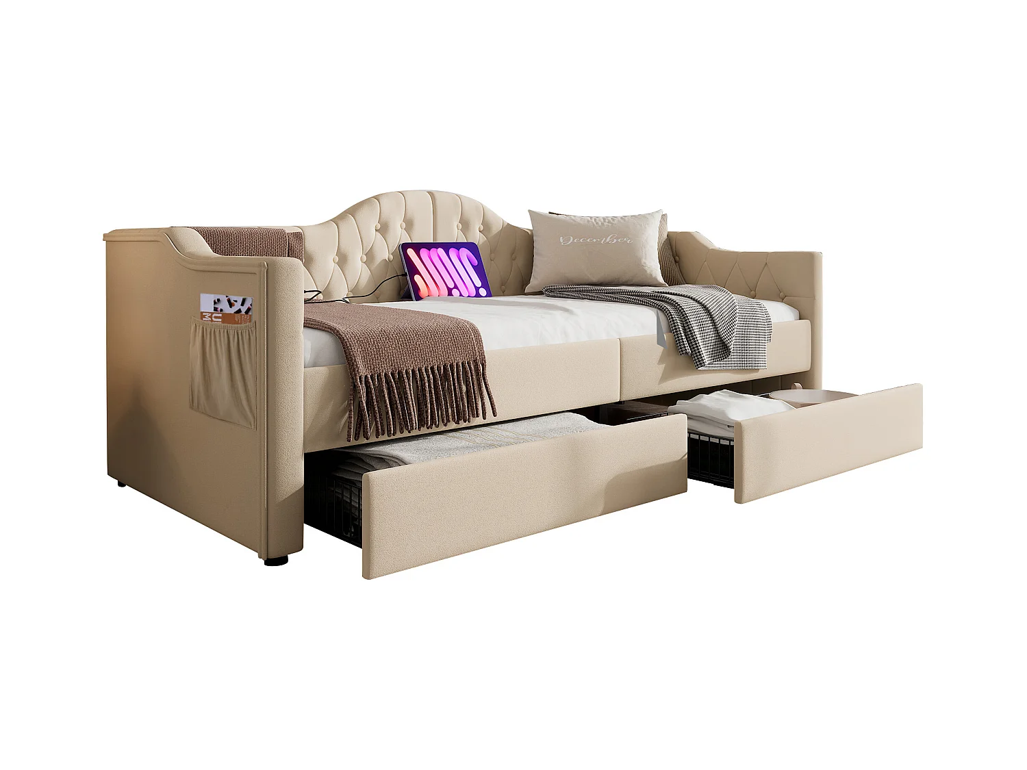 Lit banquette capitonné 90×200 cm, canapé-lit avec 2 tiroirs et ports USB-C, velours beige, sans matelas