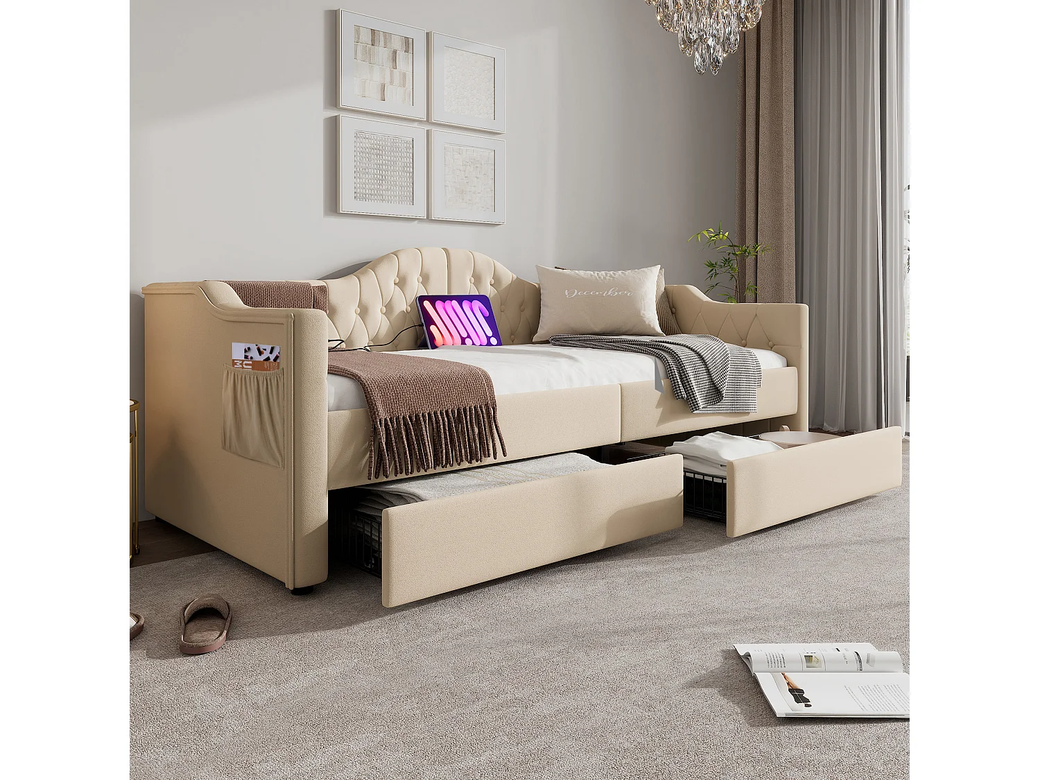Lit banquette capitonné 90×200 cm, canapé-lit avec 2 tiroirs et ports USB-C, velours beige, sans matelas