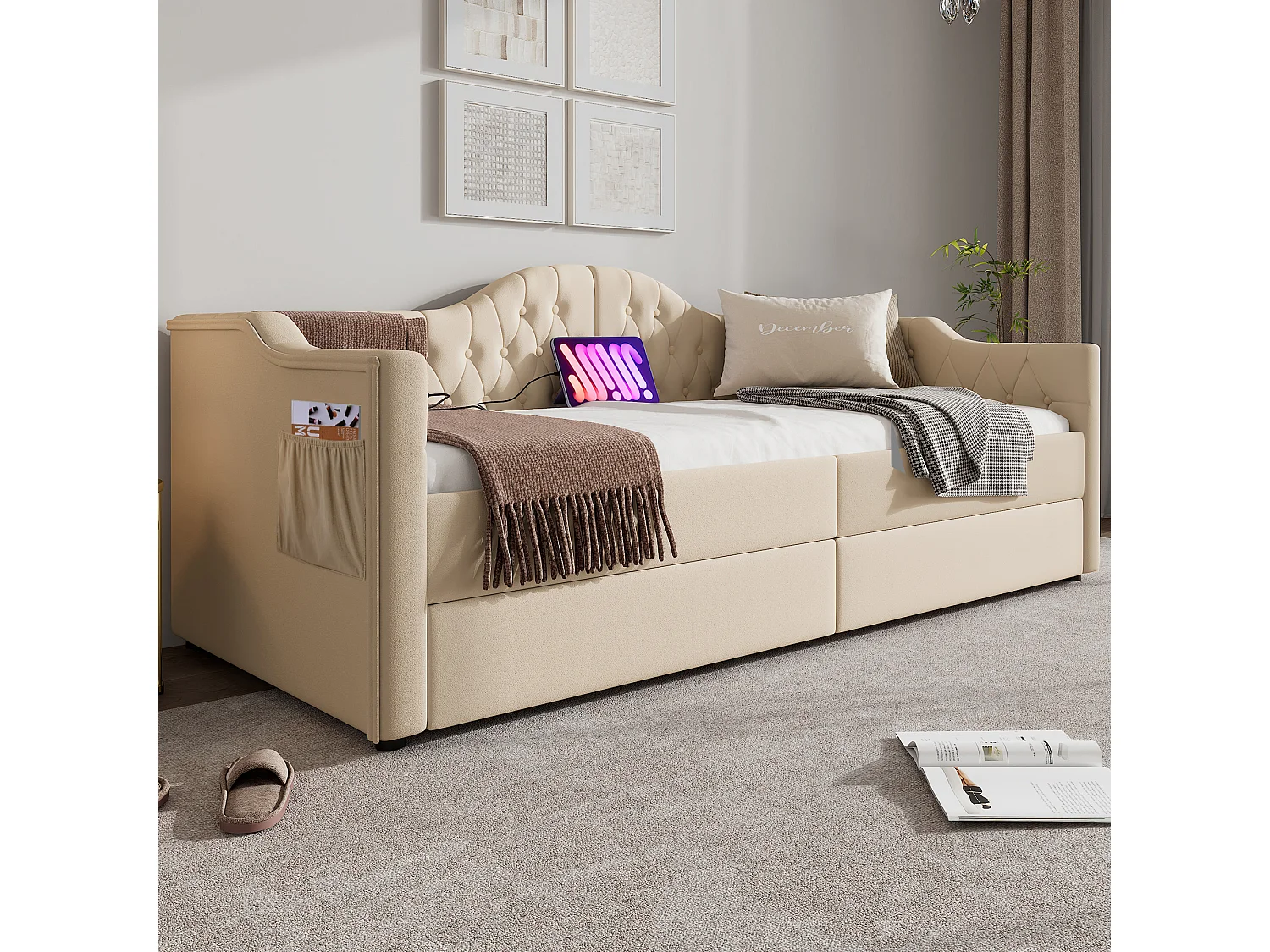 Lit banquette capitonné 90×200 cm, canapé-lit avec 2 tiroirs et ports USB-C, velours beige, sans matelas
