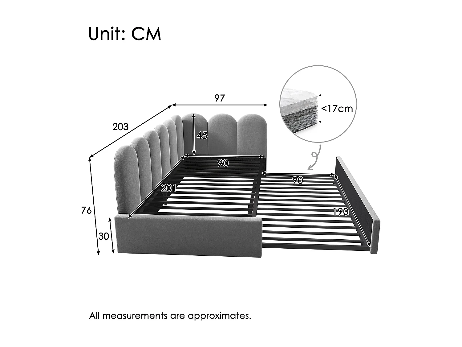 Lit banquette capitonné 90×200 cm, canapé-lit extensible 90×190 cm avec sommier, velours gris, sans matelas