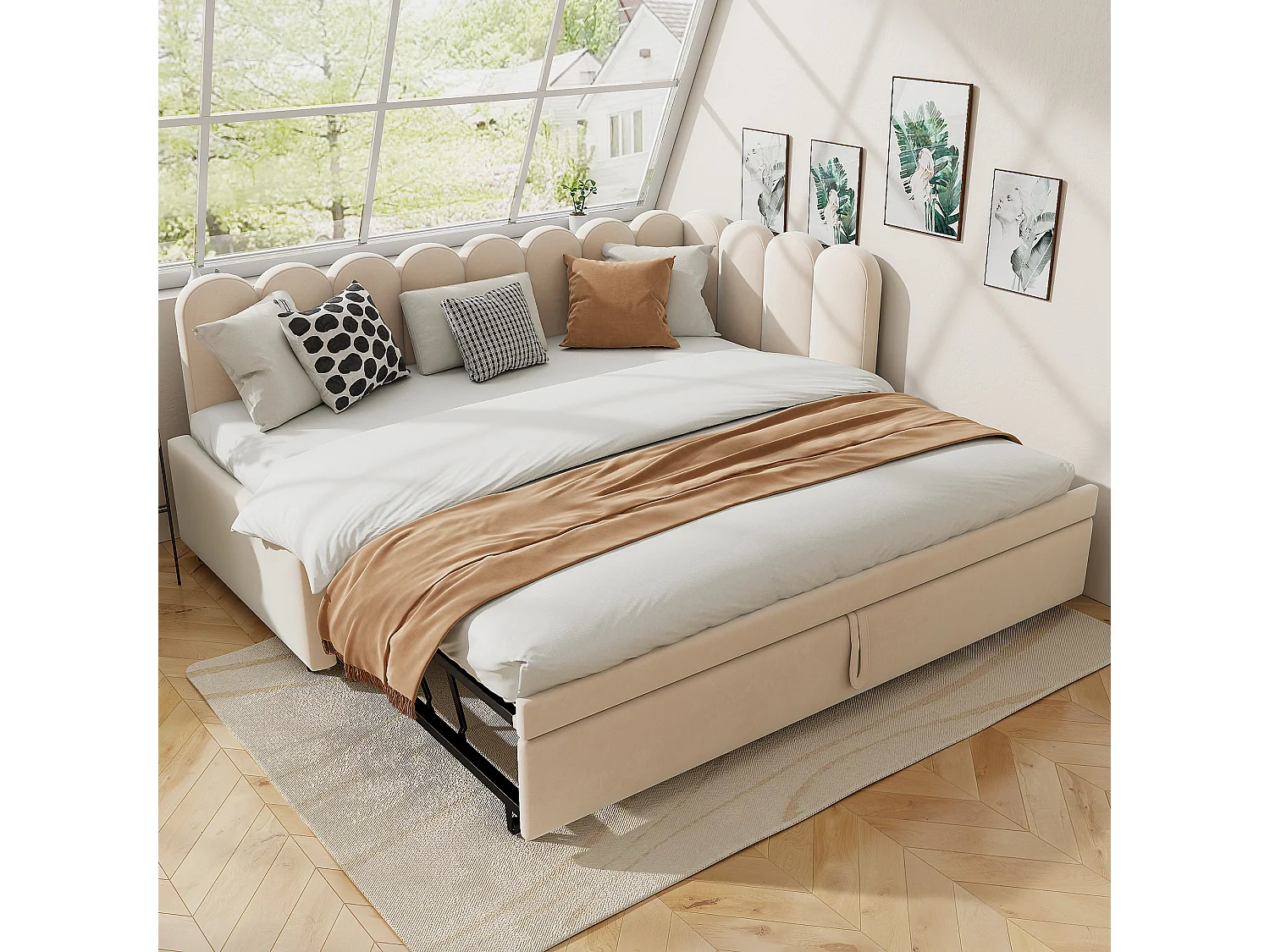 Canapé-lit d’angle 2-en-1 90/180x200 cm en velours beige, lit gain de place pour enfant ou invité