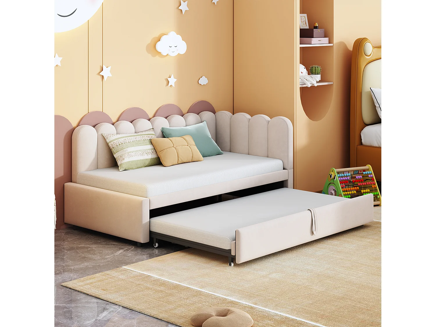Canapé-lit d’angle 2-en-1 90/180x200 cm en velours beige, lit gain de place pour enfant ou invité