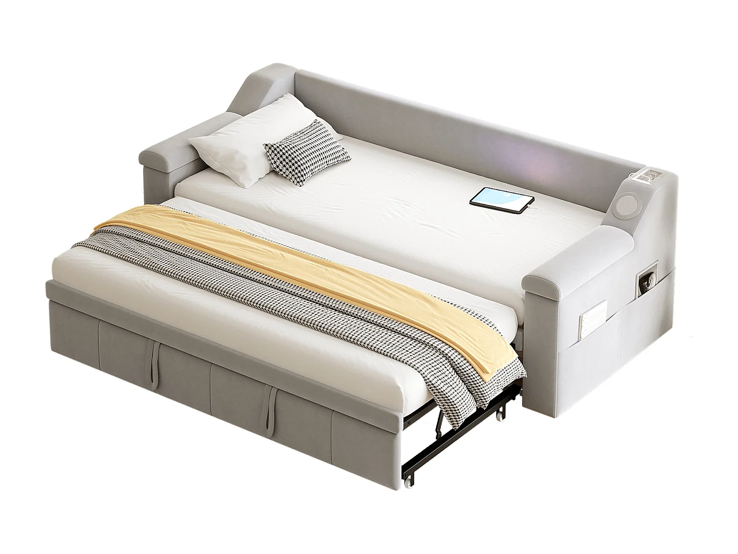 Canapé-lit rembourré 90/180x190 cm, accoudoirs larges avec système audio Bluetooth, port USB, velours gris clair