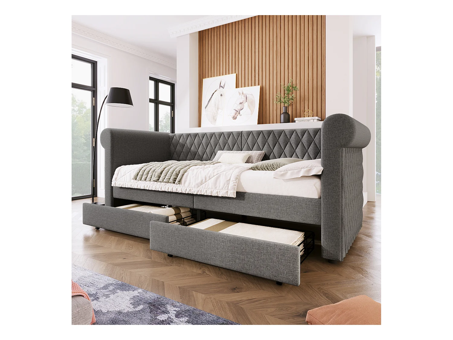 Lit banquette vintage 90×200 cm, canapé-lit avec tête de lit capitonnée et 2 tiroirs de rangement, lin gris, sans matelas