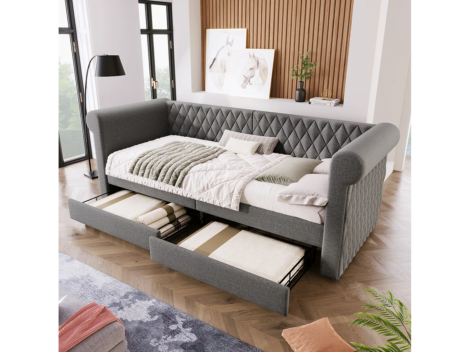 Lit banquette vintage 90×200 cm, canapé-lit avec tête de lit capitonnée et 2 tiroirs de rangement, lin gris, sans matelas