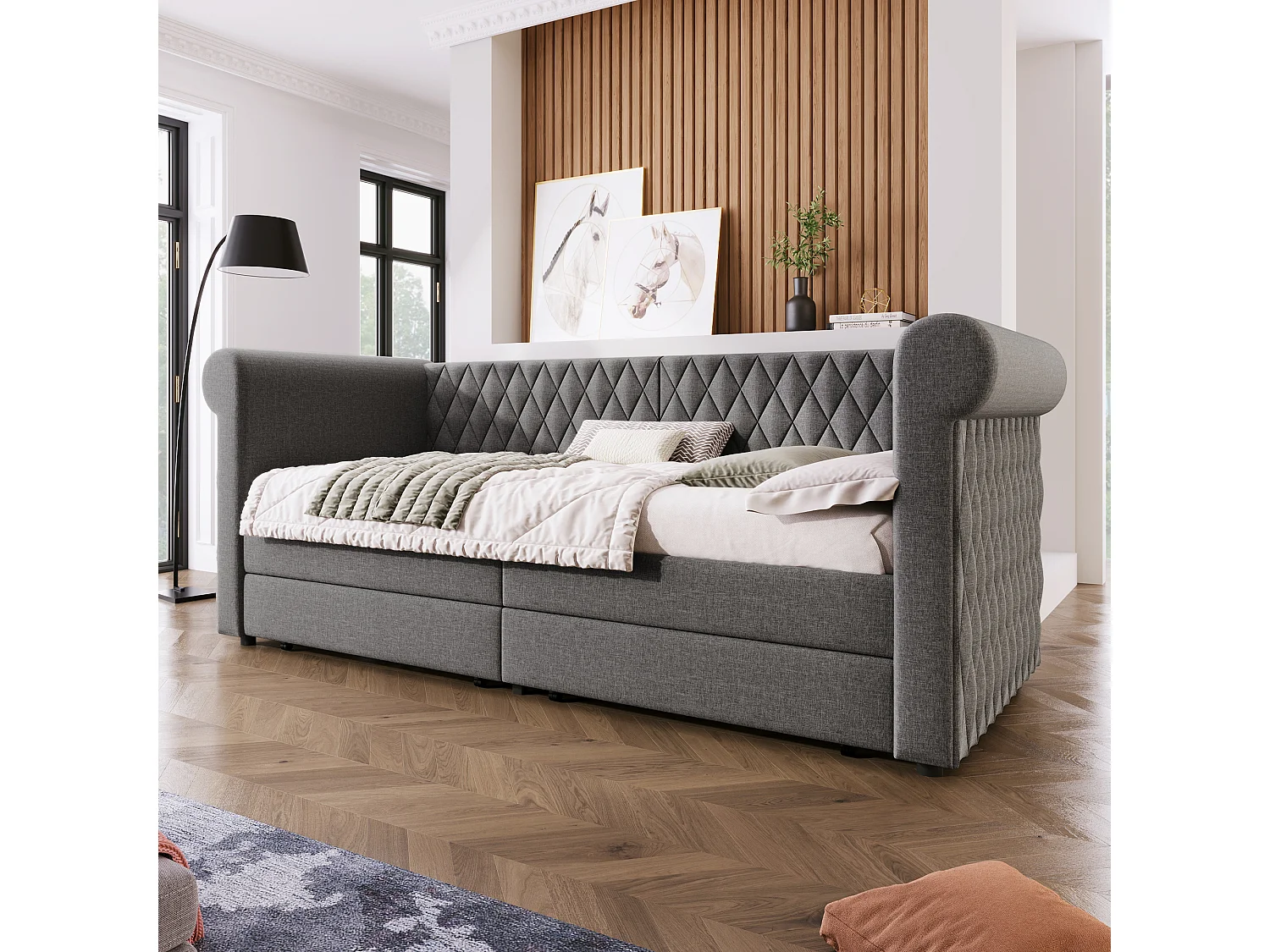 Lit banquette vintage 90×200 cm, canapé-lit avec tête de lit capitonnée et 2 tiroirs de rangement, lin gris, sans matelas