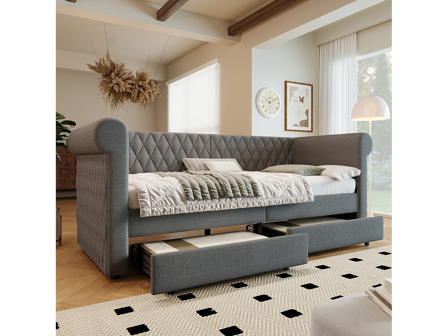 Lit banquette vintage 90×200 cm, canapé-lit avec tête de lit capitonnée et 2 tiroirs de rangement, lin gris, sans matelas