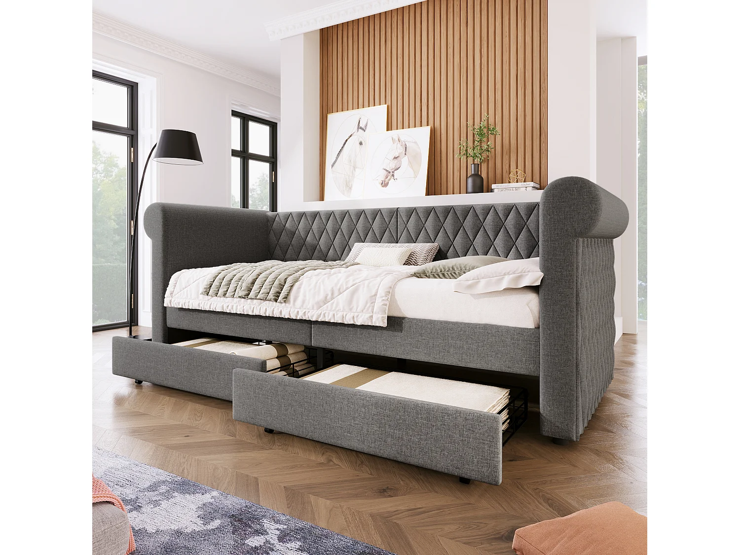 Lit banquette vintage 90×200 cm, canapé-lit avec tête de lit capitonnée et 2 tiroirs de rangement, lin gris, sans matelas