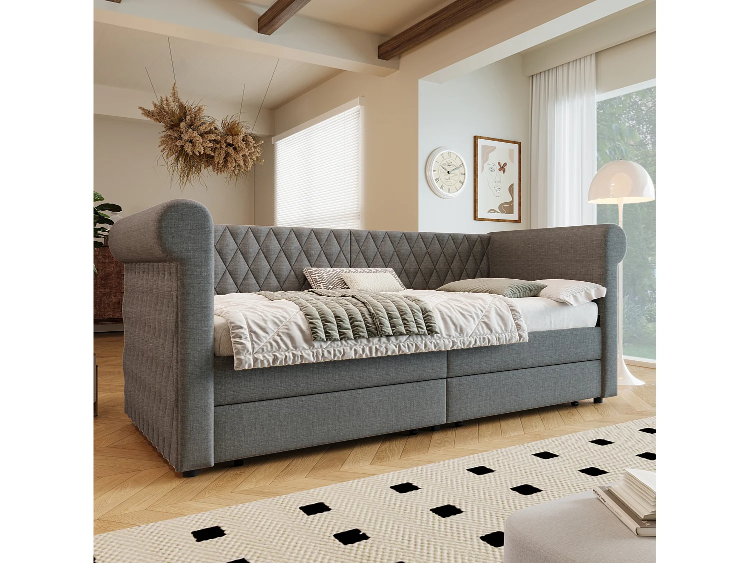 Lit banquette vintage 90×200 cm, canapé-lit avec tête de lit capitonnée et 2 tiroirs de rangement, lin gris, sans matelas