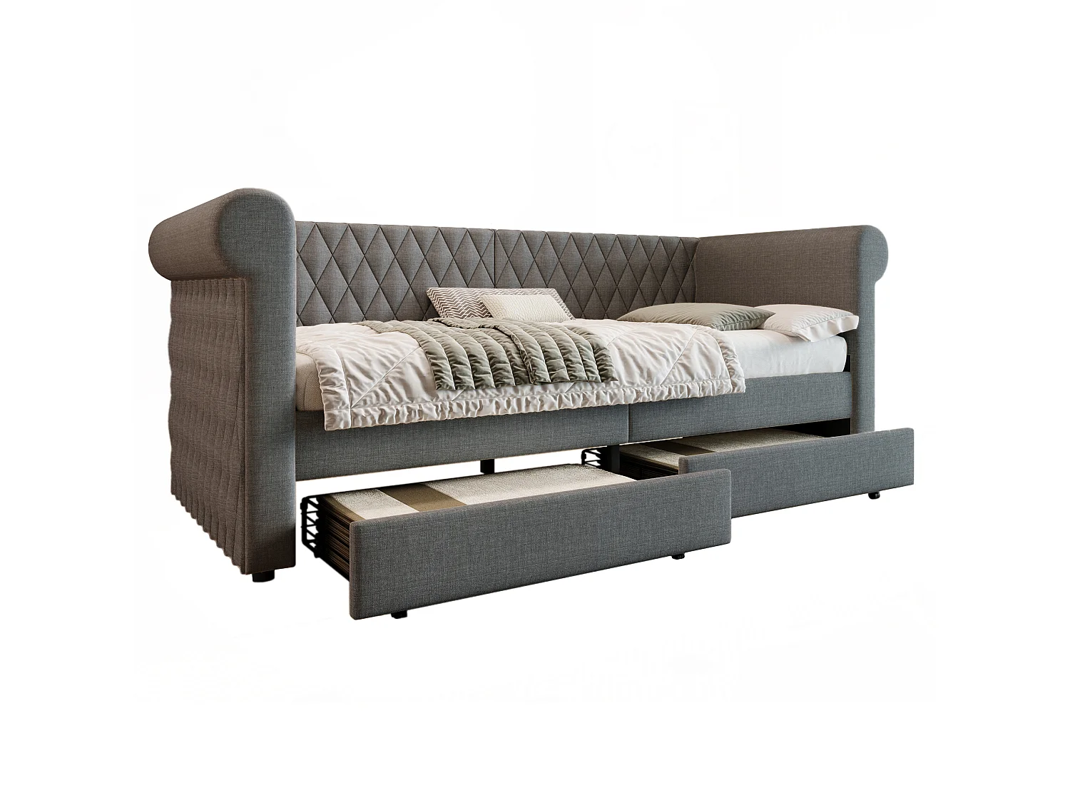 Lit banquette vintage 90×200 cm, canapé-lit avec tête de lit capitonnée et 2 tiroirs de rangement, lin gris, sans matelas