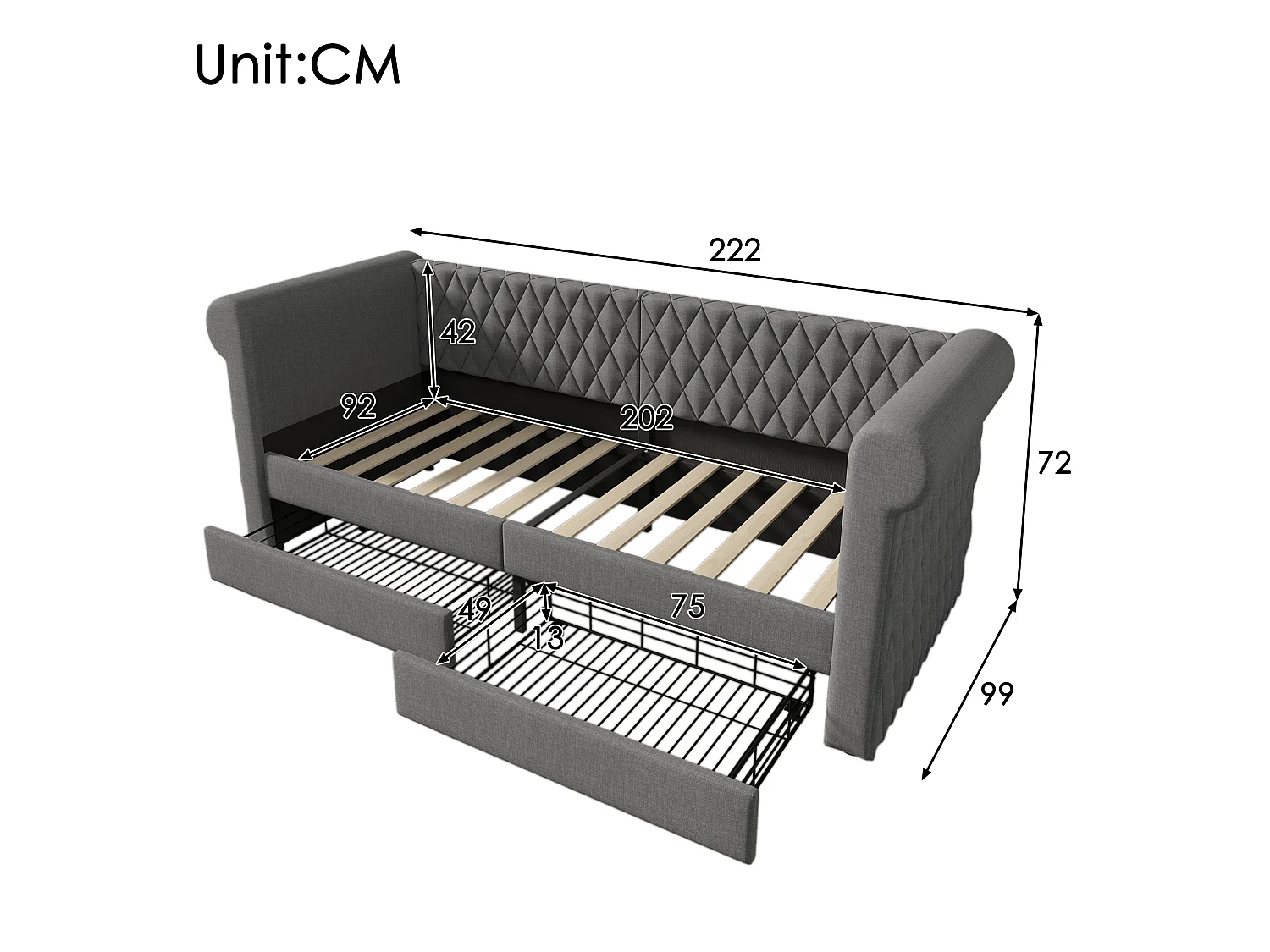 Lit banquette vintage 90×200 cm, canapé-lit avec tête de lit capitonnée et 2 tiroirs de rangement, lin gris, sans matelas