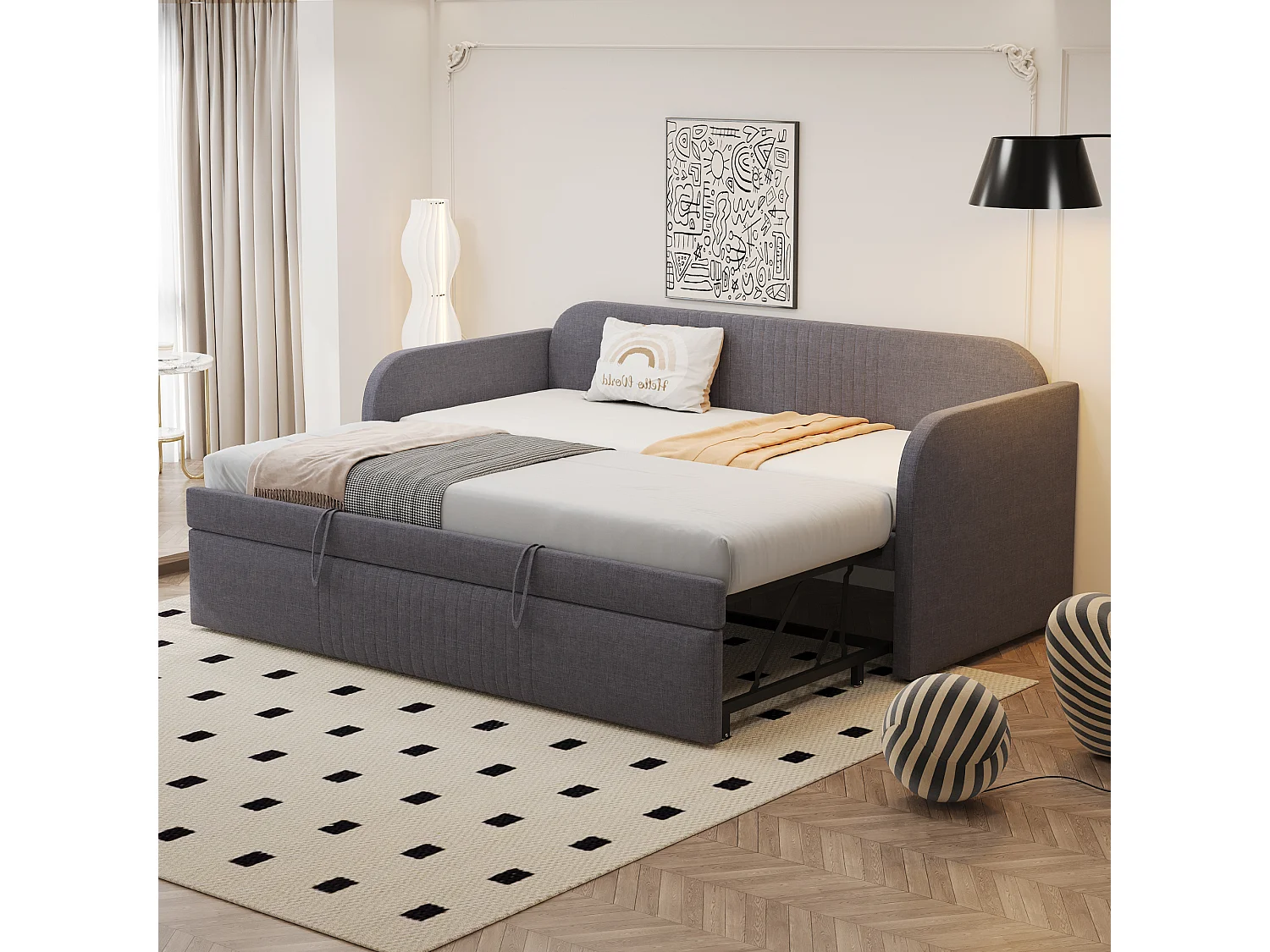 Lit rembourré extensible 90/180x190 cm à rayures verticales, en lin confortable, avec sommier, multifonction, gris (sans matelas)