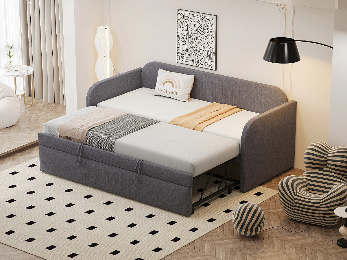 Lit rembourré extensible 90/180x190 cm à rayures verticales, en lin confortable, avec sommier, multifonction, gris (sans matelas)