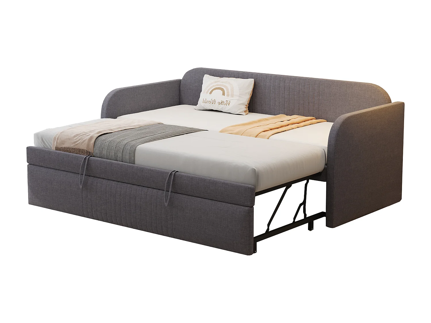 Lit rembourré extensible 90/180x190 cm à rayures verticales, en lin confortable, avec sommier, multifonction, gris (sans matelas)