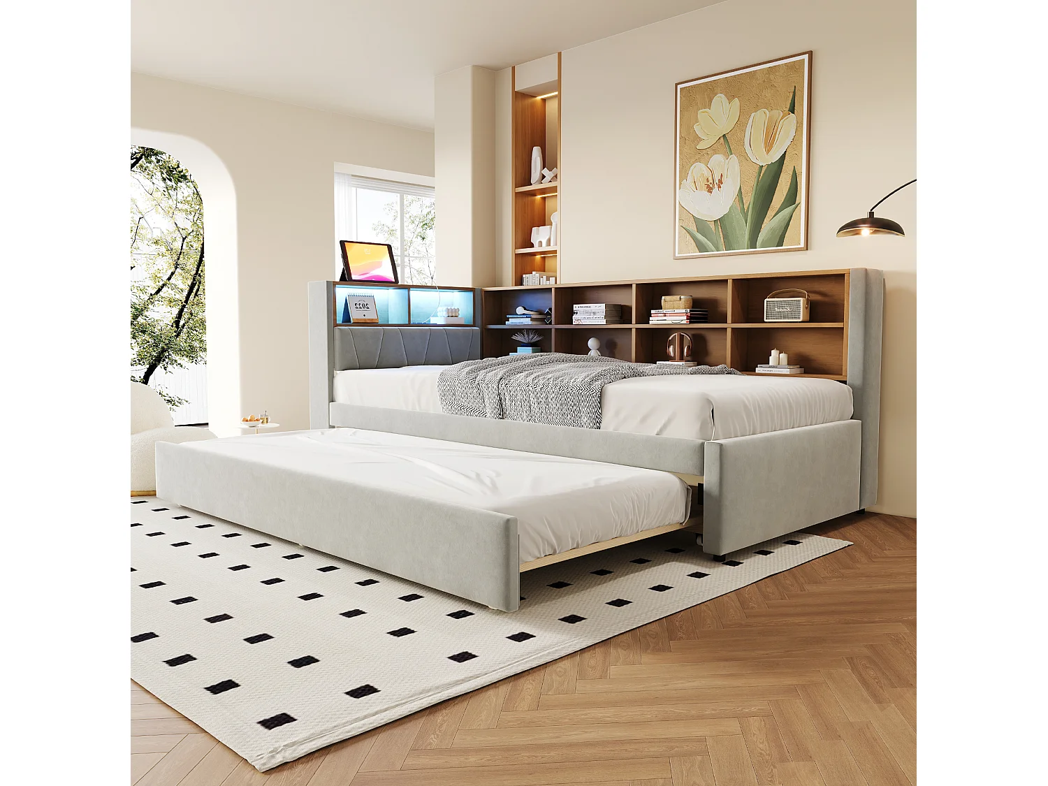 Lit rembourré 90x200 cm avec lit tiroir 90x190 cm, LED, ports USB et rangement intégré, flanelle gris clair