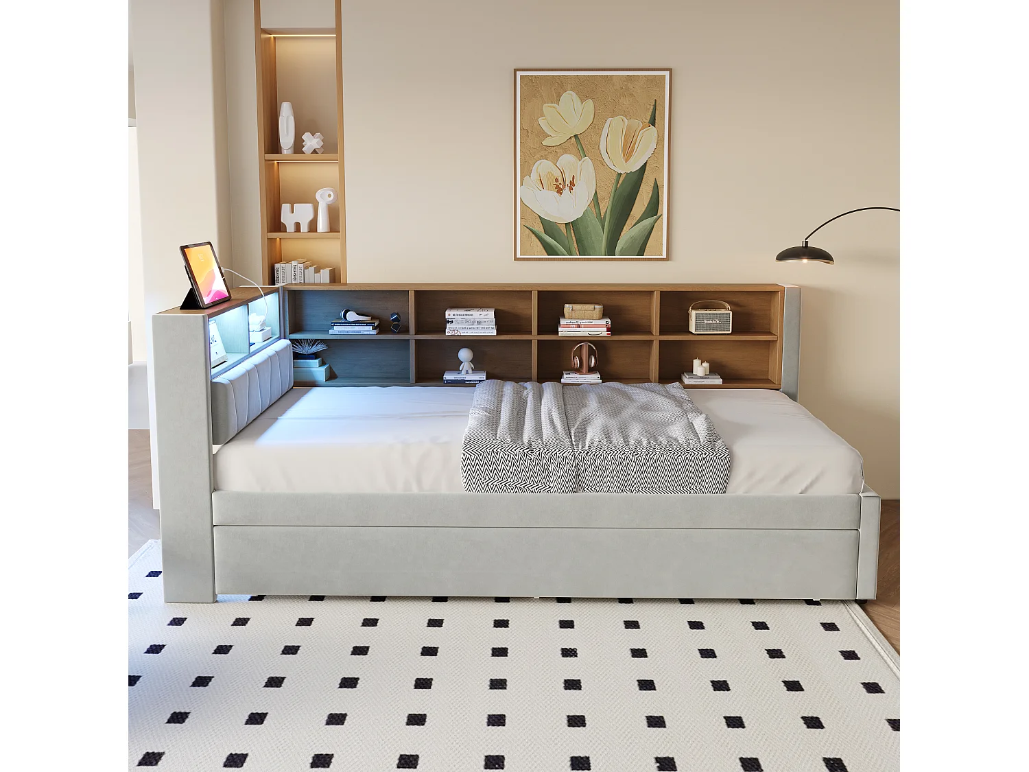 Lit rembourré 90x200 cm avec lit tiroir 90x190 cm, LED, ports USB et rangement intégré, flanelle gris clair