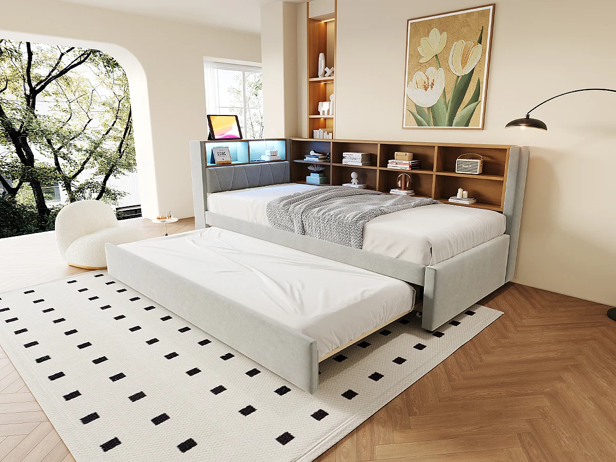 Lit rembourré 90x200 cm avec lit tiroir 90x190 cm, LED, ports USB et rangement intégré, flanelle gris clair
