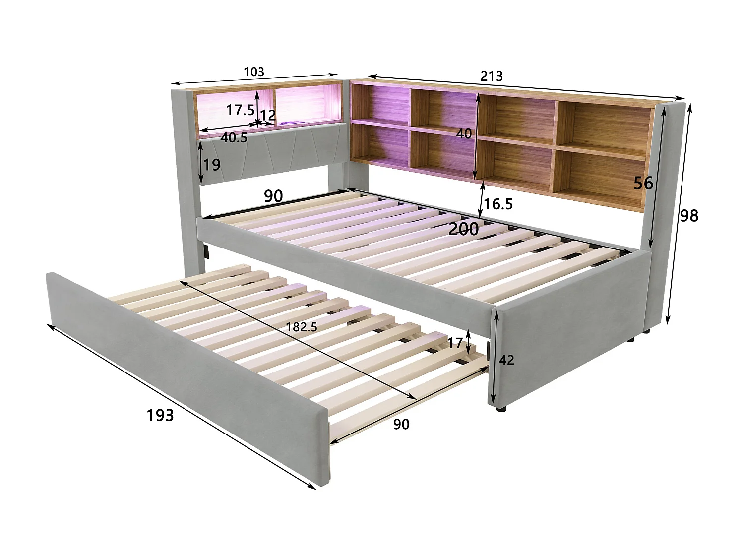 Lit rembourré 90x200 cm avec lit tiroir 90x190 cm, LED, ports USB et rangement intégré, flanelle gris clair