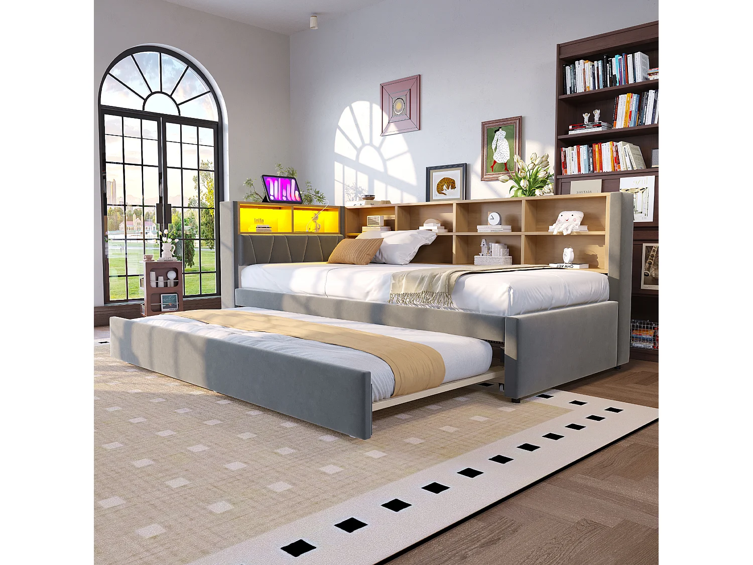 Lit rembourré 90x200 cm avec lit tiroir 90x190 cm, LED, port USB et espace de rangement, flanelle gris foncé