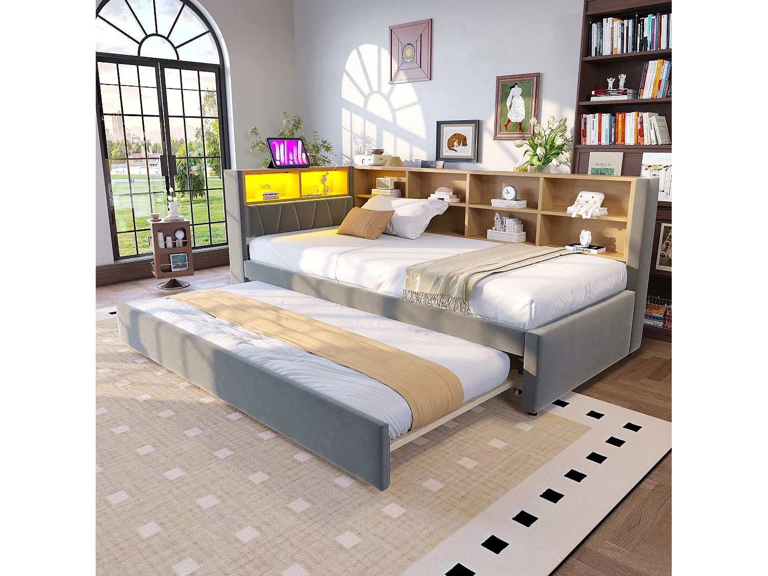Lit rembourré 90x200 cm avec lit tiroir 90x190 cm, LED, port USB et espace de rangement, flanelle gris foncé