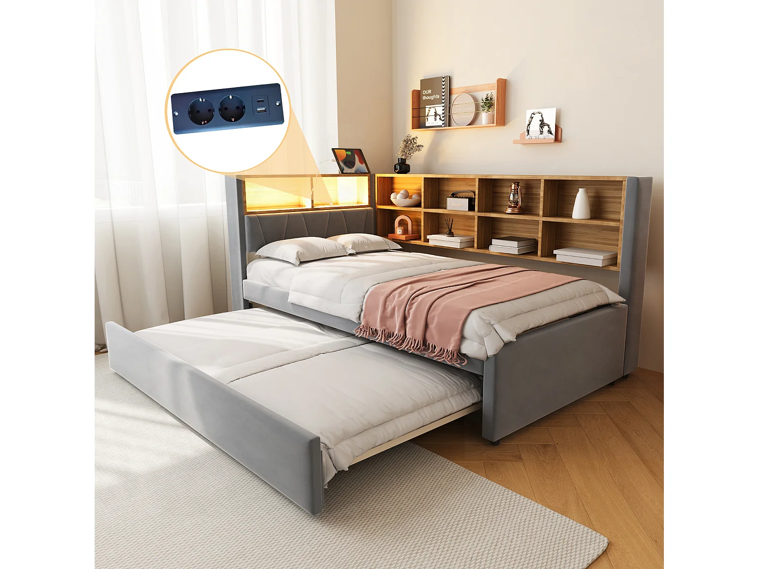 Lit rembourré 90x200 cm avec lit tiroir 90x190 cm, LED, port USB et espace de rangement, flanelle gris foncé