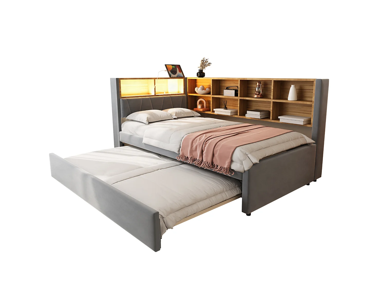 Lit rembourré 90x200 cm avec lit tiroir 90x190 cm, LED, port USB et espace de rangement, flanelle gris foncé