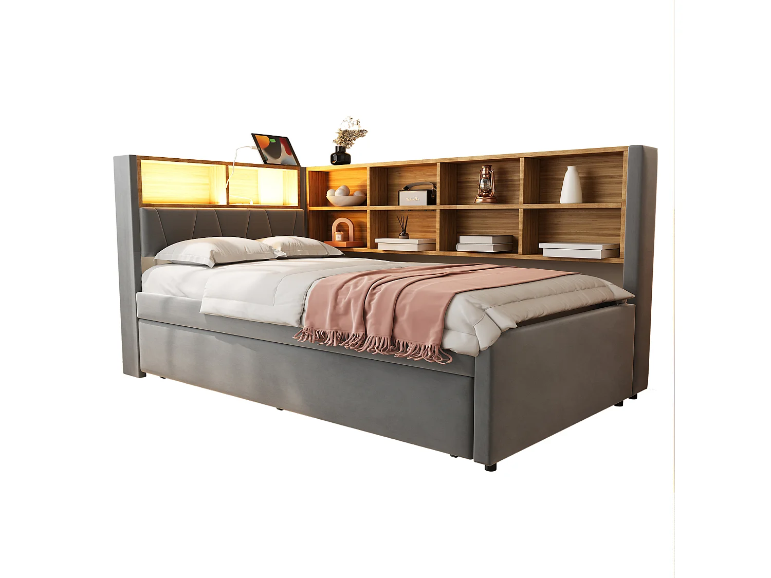 Lit rembourré 90x200 cm avec lit tiroir 90x190 cm, LED, port USB et espace de rangement, flanelle gris foncé