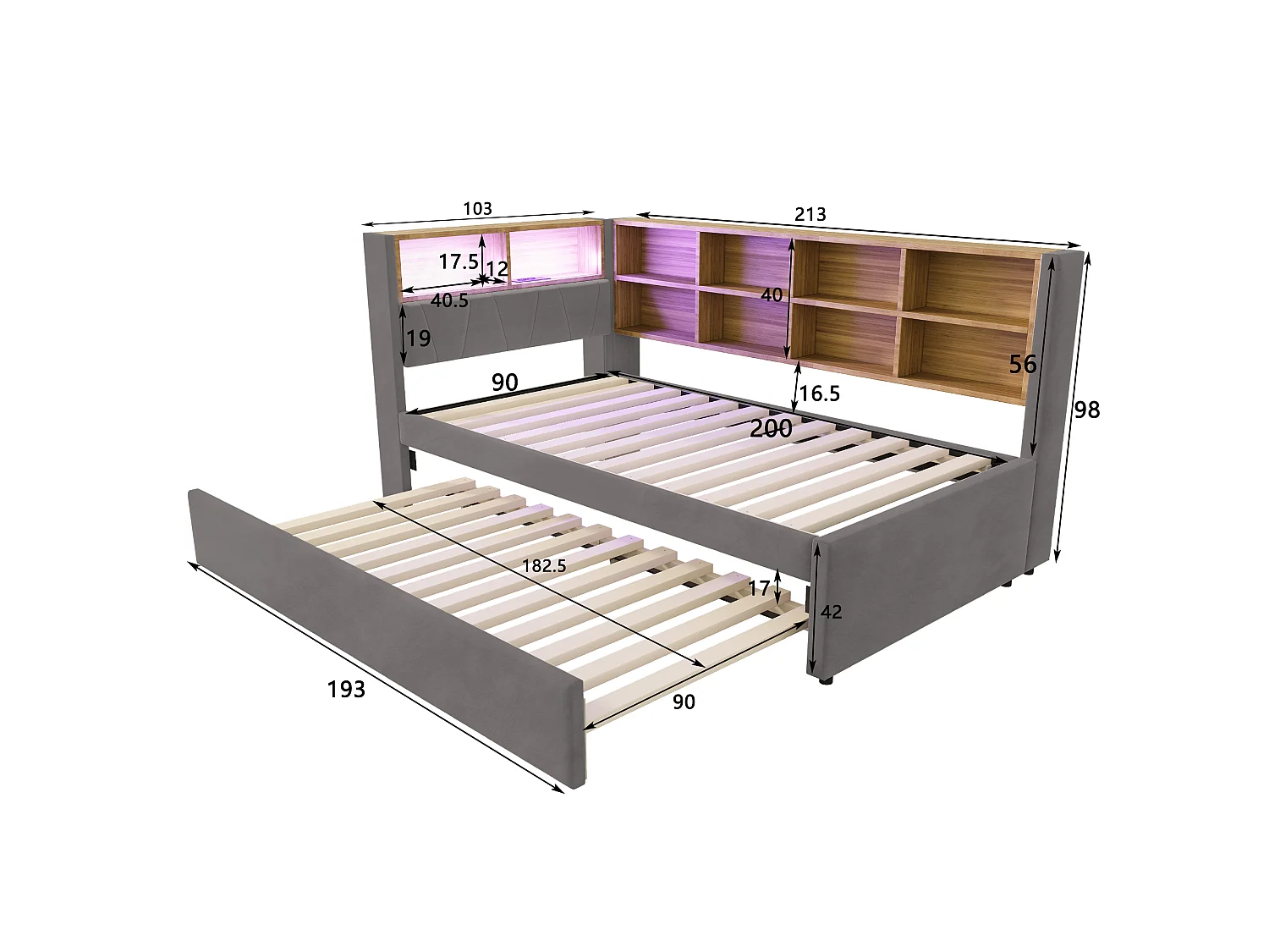 Lit rembourré 90x200 cm avec lit tiroir 90x190 cm, LED, port USB et espace de rangement, flanelle gris foncé