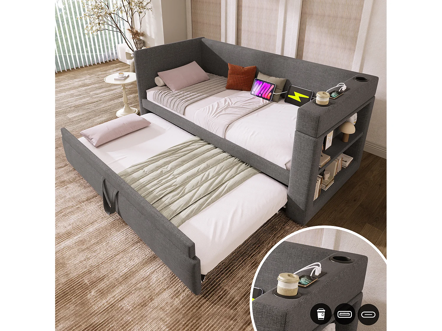 Daybed 90x190 cm van katoen-linnen, grijs, met uitschuifbed, USB/Type-C & bekerhouders