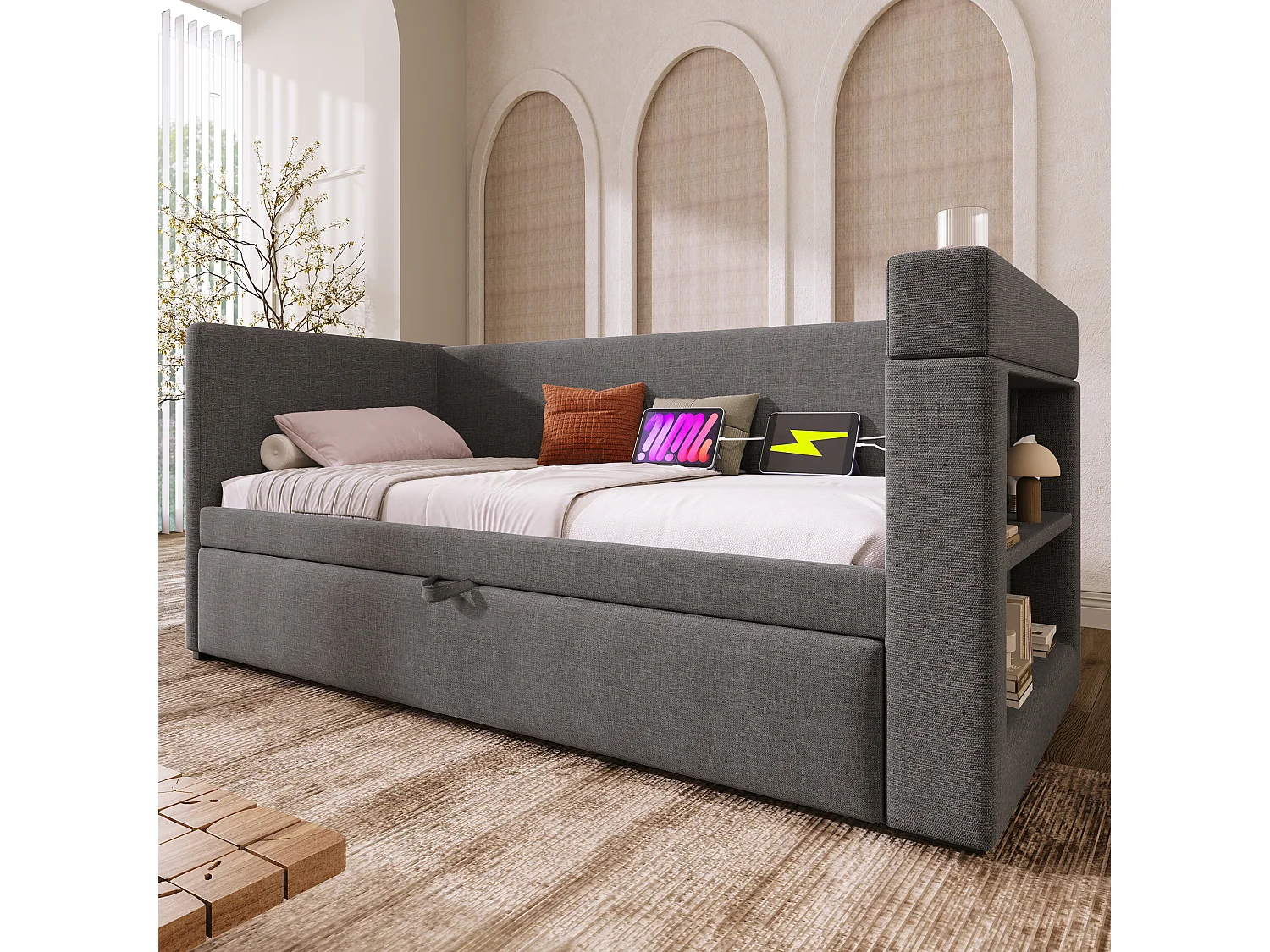 Daybed 90x190 cm van katoen-linnen, grijs, met uitschuifbed, USB/Type-C & bekerhouders