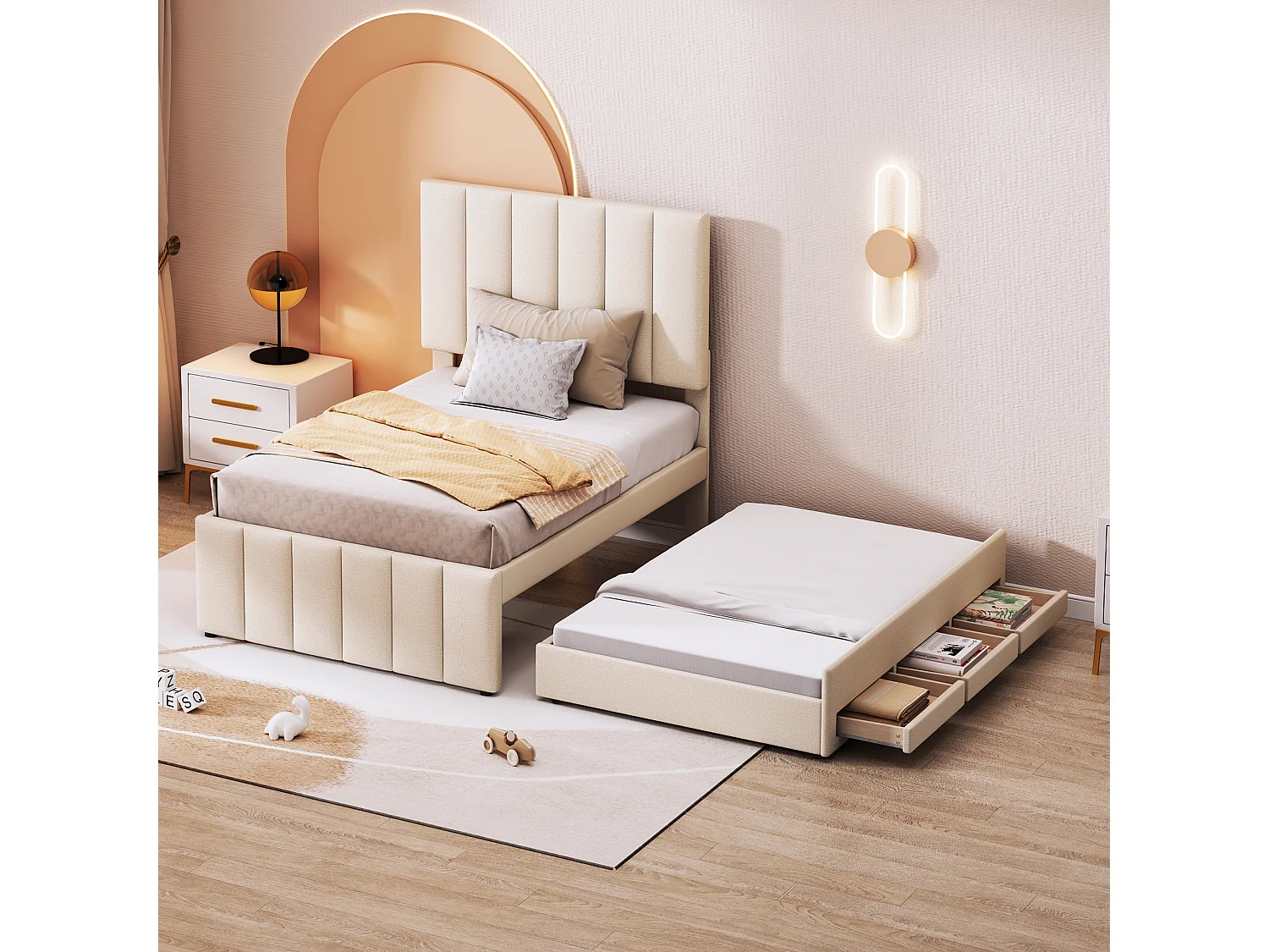 Lit rembourré 90x200 cm avec lit gigogne et tiroirs, revêtement en lin beige, lit simple pratique