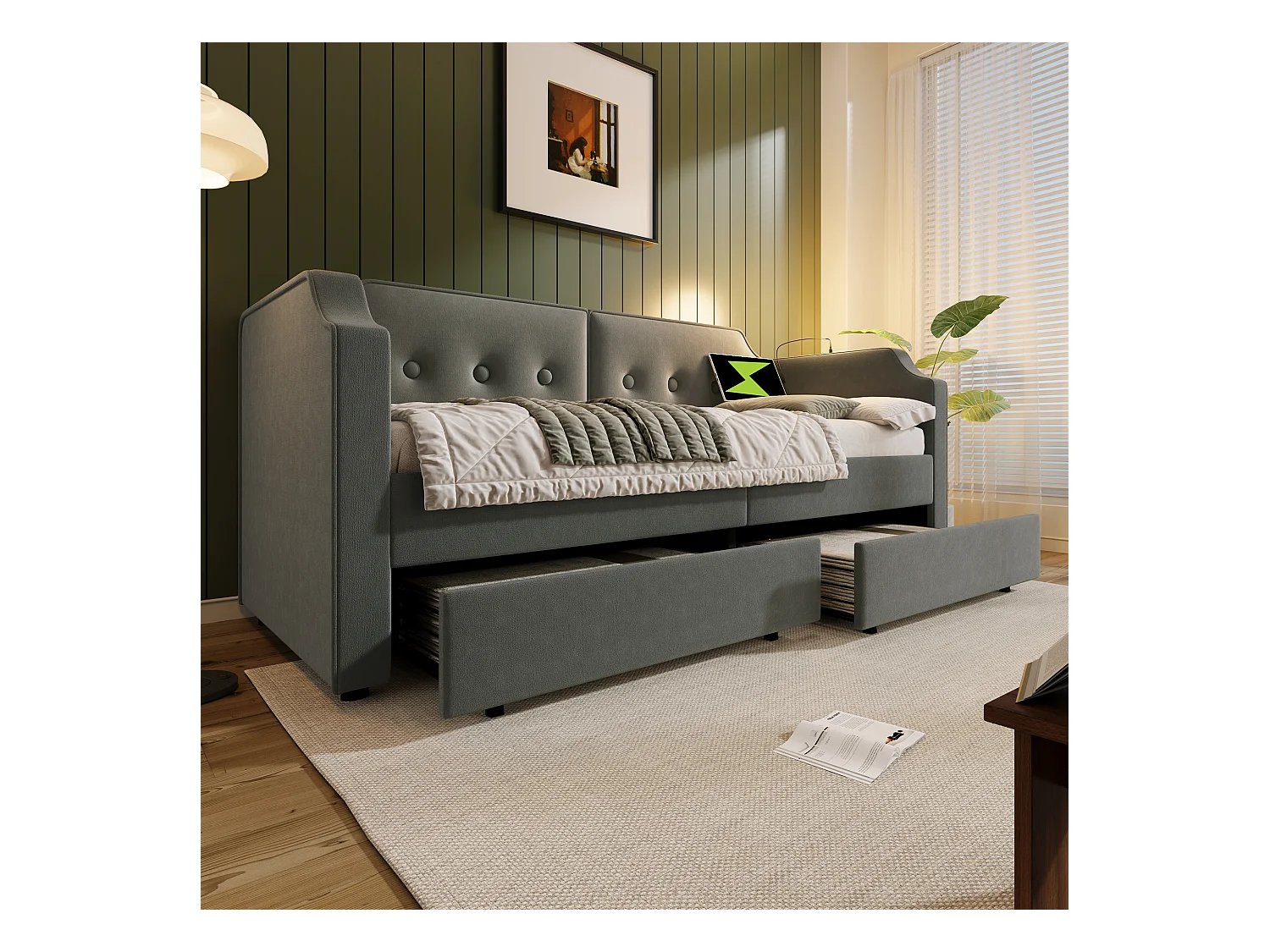 Lit banquette capitonné 90×200 cm, canapé-lit avec lumière de lecture USB-C et 2 tiroirs, velours gris, sans matelas