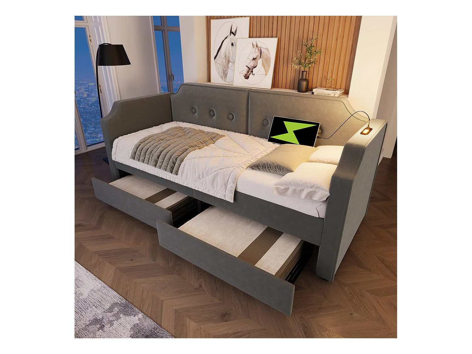 Lit banquette capitonné 90×200 cm, canapé-lit avec lumière de lecture USB-C et 2 tiroirs, velours gris, sans matelas