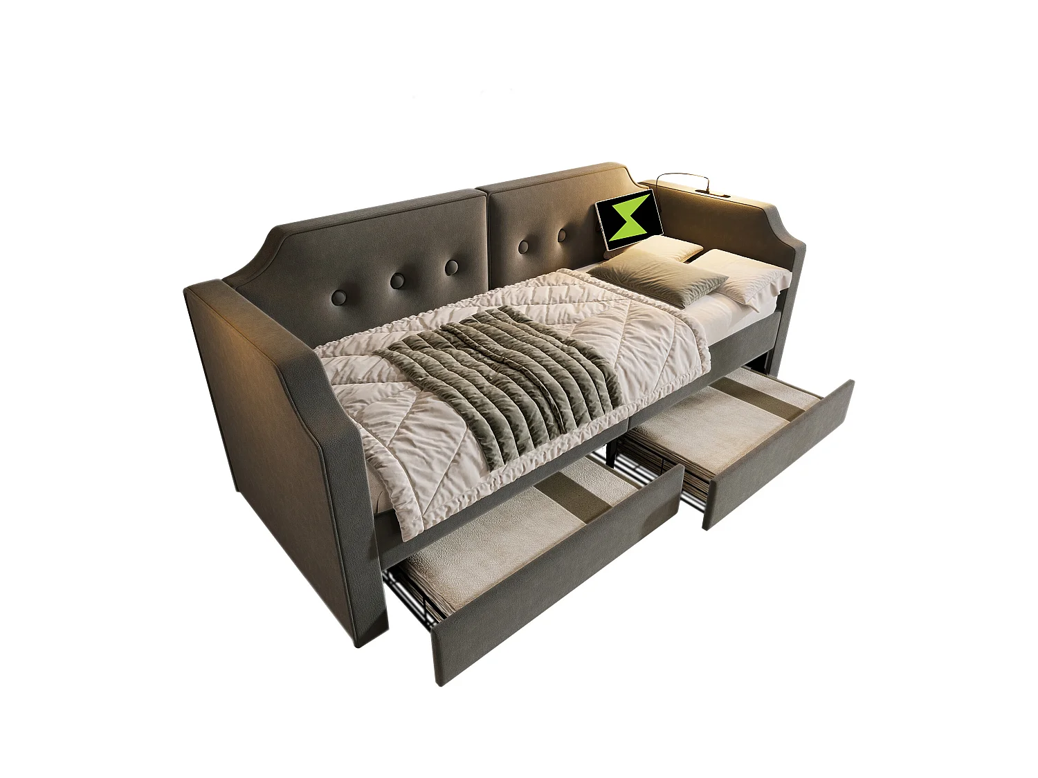 Lit banquette capitonné 90×200 cm, canapé-lit avec lumière de lecture USB-C et 2 tiroirs, velours gris, sans matelas