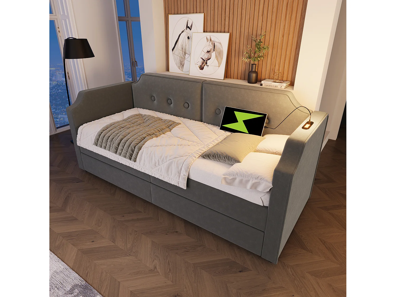 Lit banquette capitonné 90×200 cm, canapé-lit avec lumière de lecture USB-C et 2 tiroirs, velours gris, sans matelas