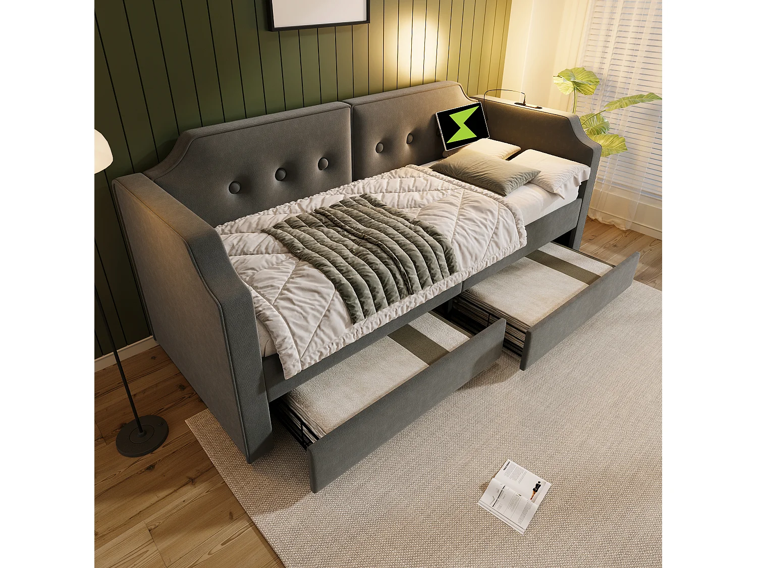 Lit banquette capitonné 90×200 cm, canapé-lit avec lumière de lecture USB-C et 2 tiroirs, velours gris, sans matelas
