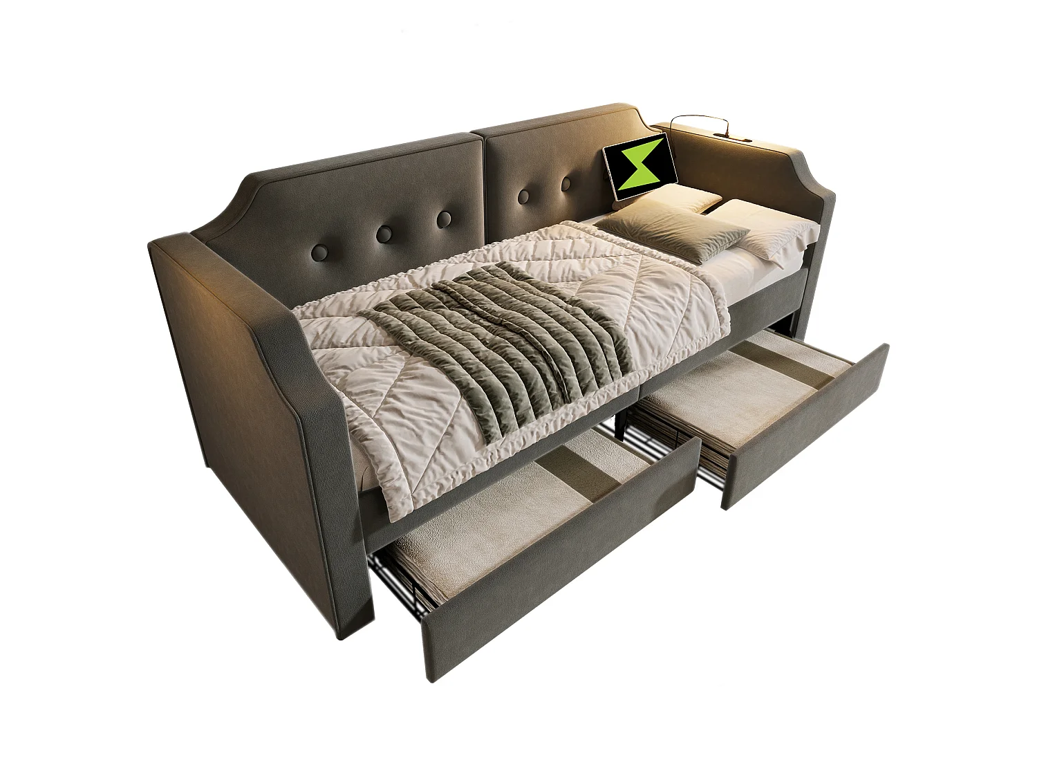 Lit banquette capitonné 90×200 cm, canapé-lit avec lumière de lecture USB-C et 2 tiroirs, velours gris, sans matelas
