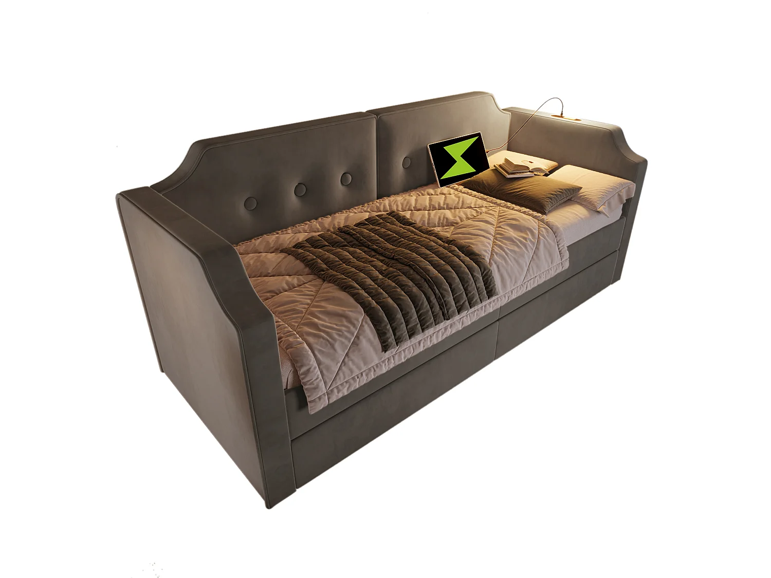 Lit banquette capitonné 90×200 cm, canapé-lit avec lumière de lecture USB-C et 2 tiroirs, velours gris, sans matelas