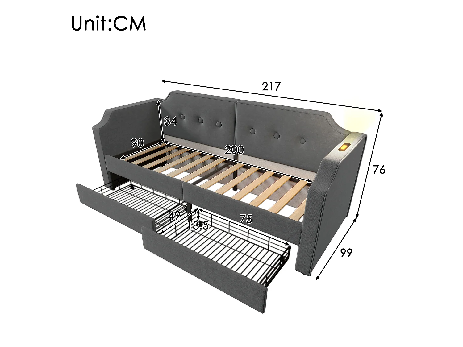 Lit banquette capitonné 90×200 cm, canapé-lit avec lumière de lecture USB-C et 2 tiroirs, velours gris, sans matelas