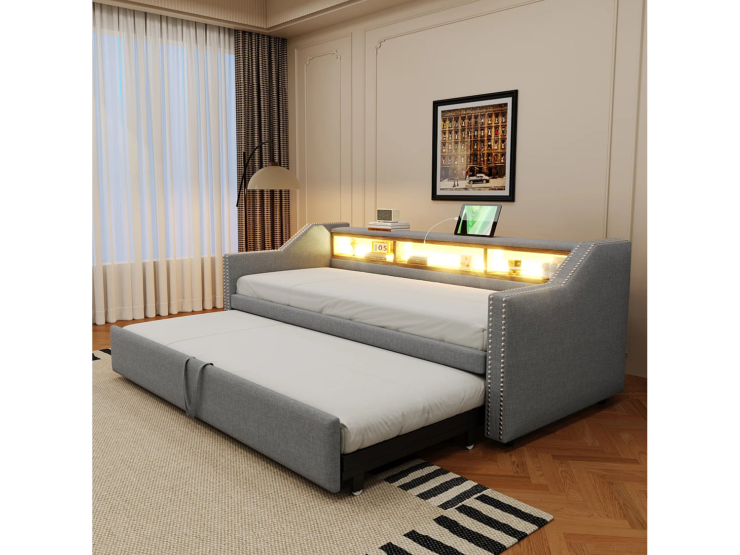 Lit rembourré extensible 90/180x190 cm en lin gris clair, canapé-lit avec LED, port USB et rangement intégré