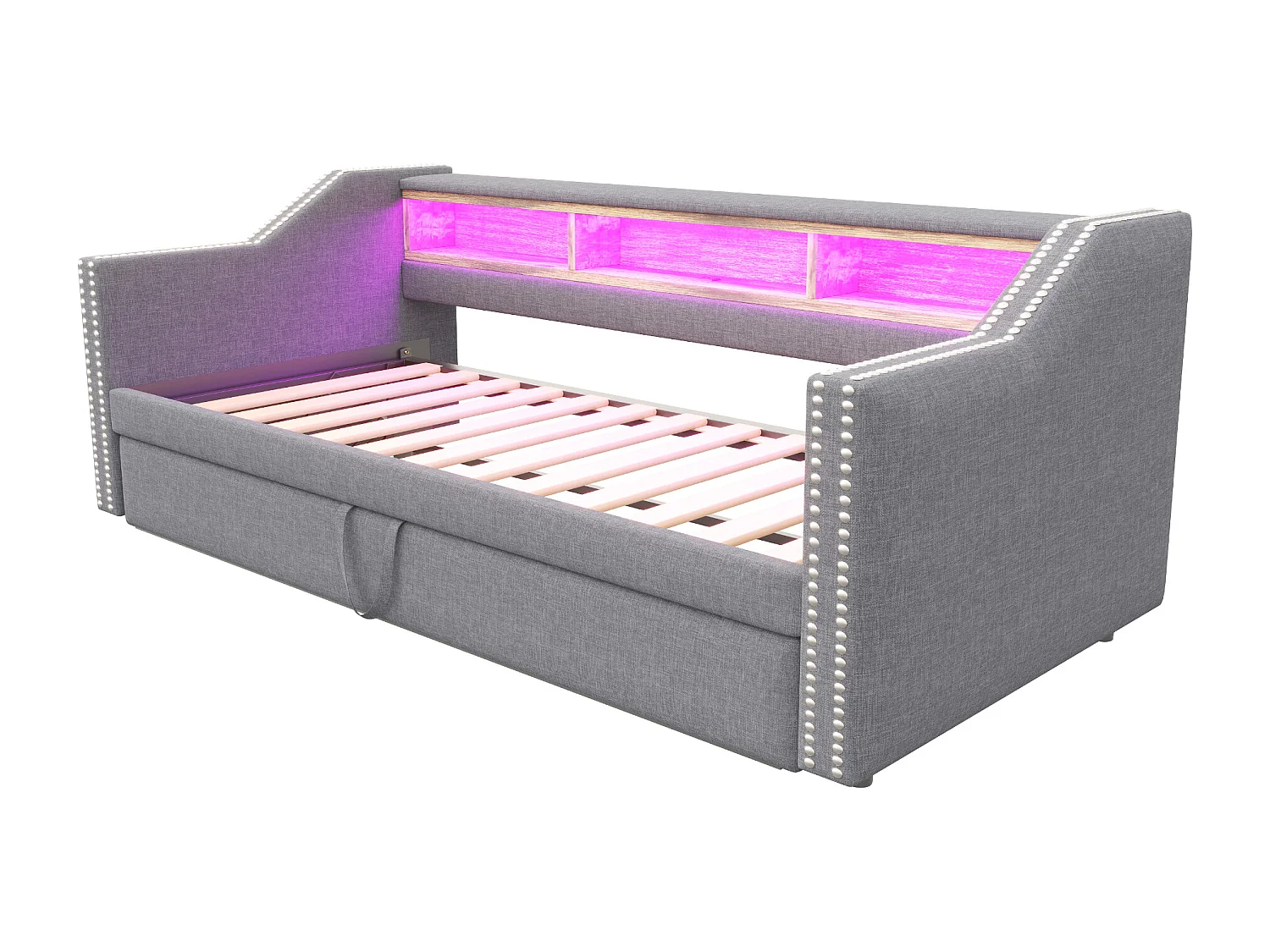 Lit rembourré extensible 90/180x190 cm en lin gris clair, canapé-lit avec LED, port USB et rangement intégré