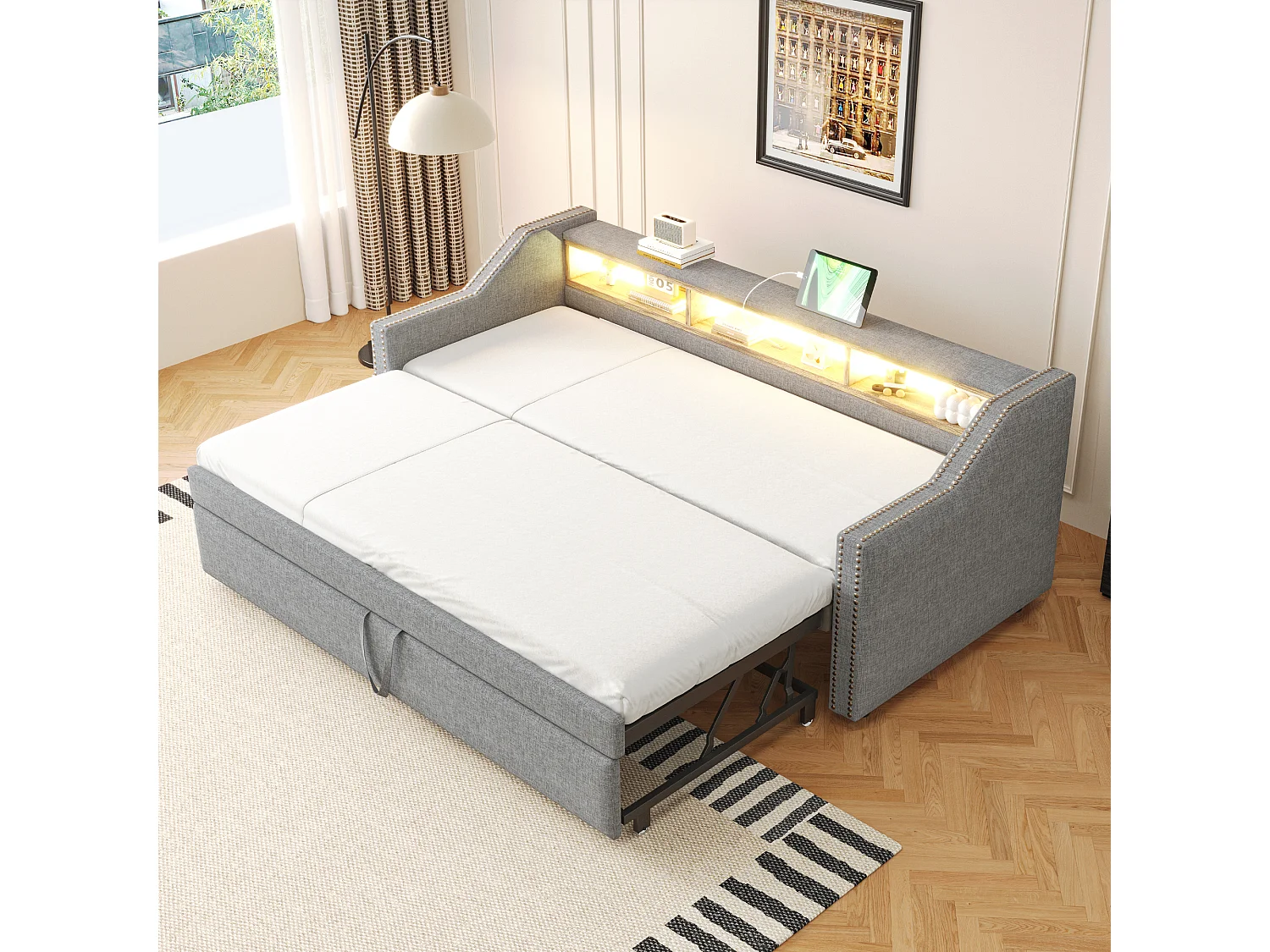 Uitschuifbaar gestoffeerd slaapbankbed 90/180x190 cm van stof, lichtgrijs, met USB & LED en opbergvakken