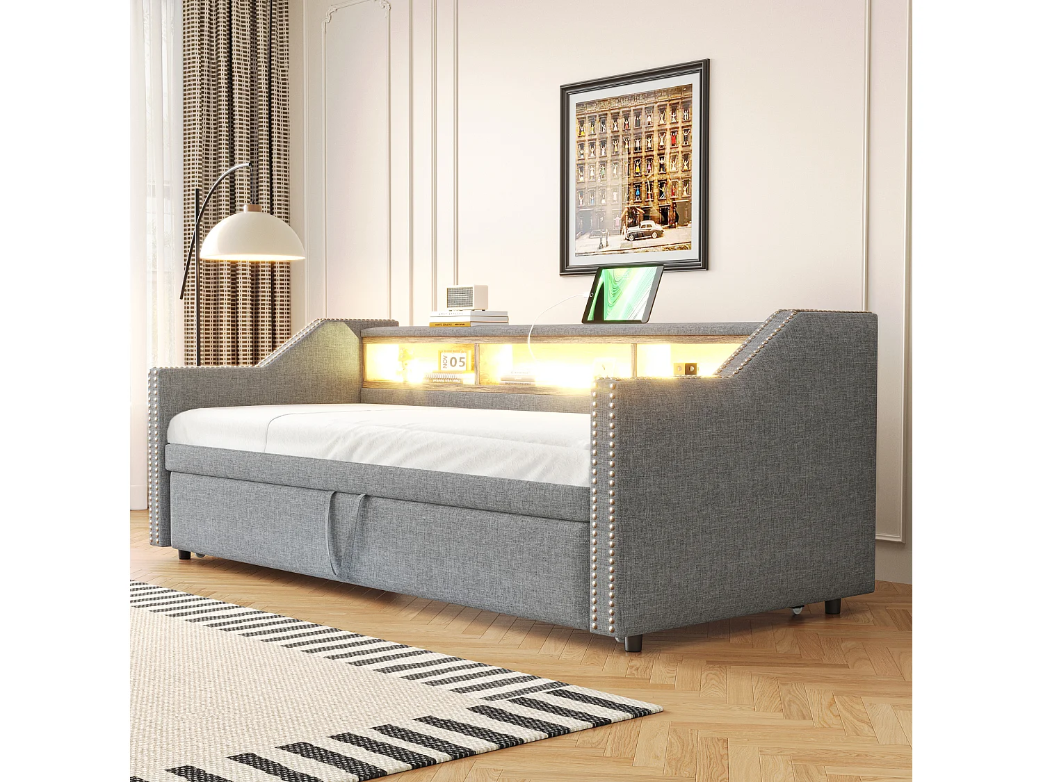 Uitschuifbaar gestoffeerd slaapbankbed 90/180x190 cm van stof, lichtgrijs, met USB & LED en opbergvakken