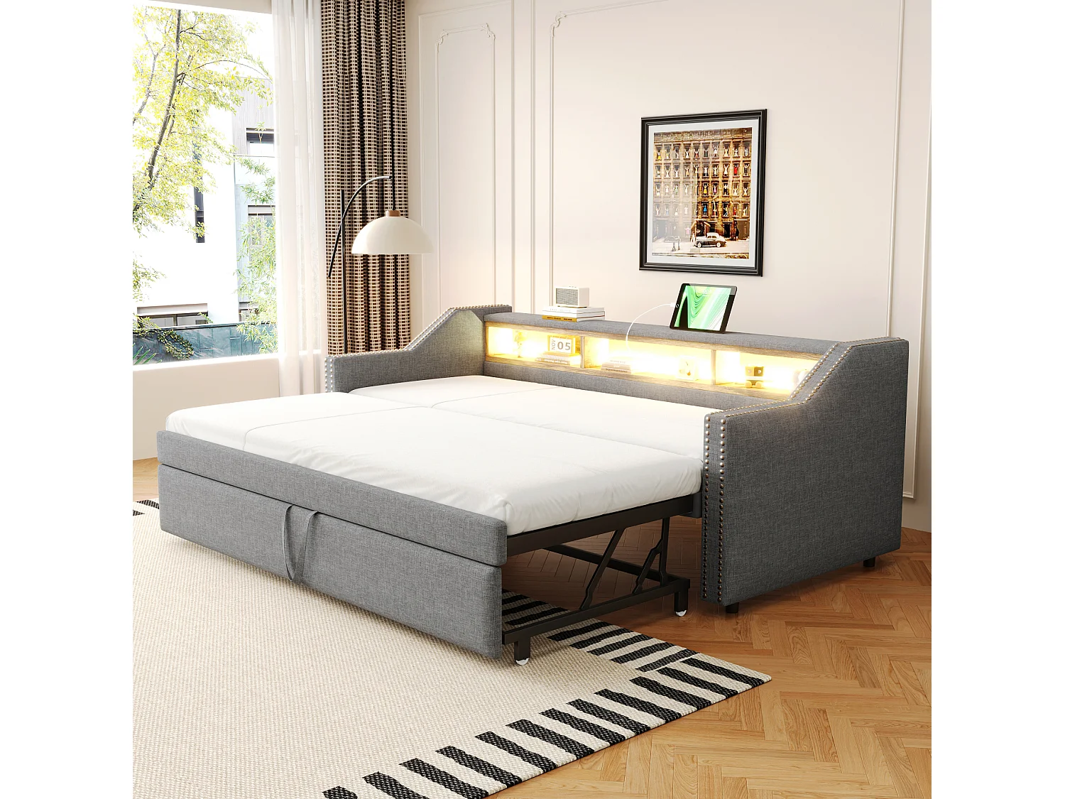 Uitschuifbaar gestoffeerd slaapbankbed 90/180x190 cm van stof, lichtgrijs, met USB & LED en opbergvakken
