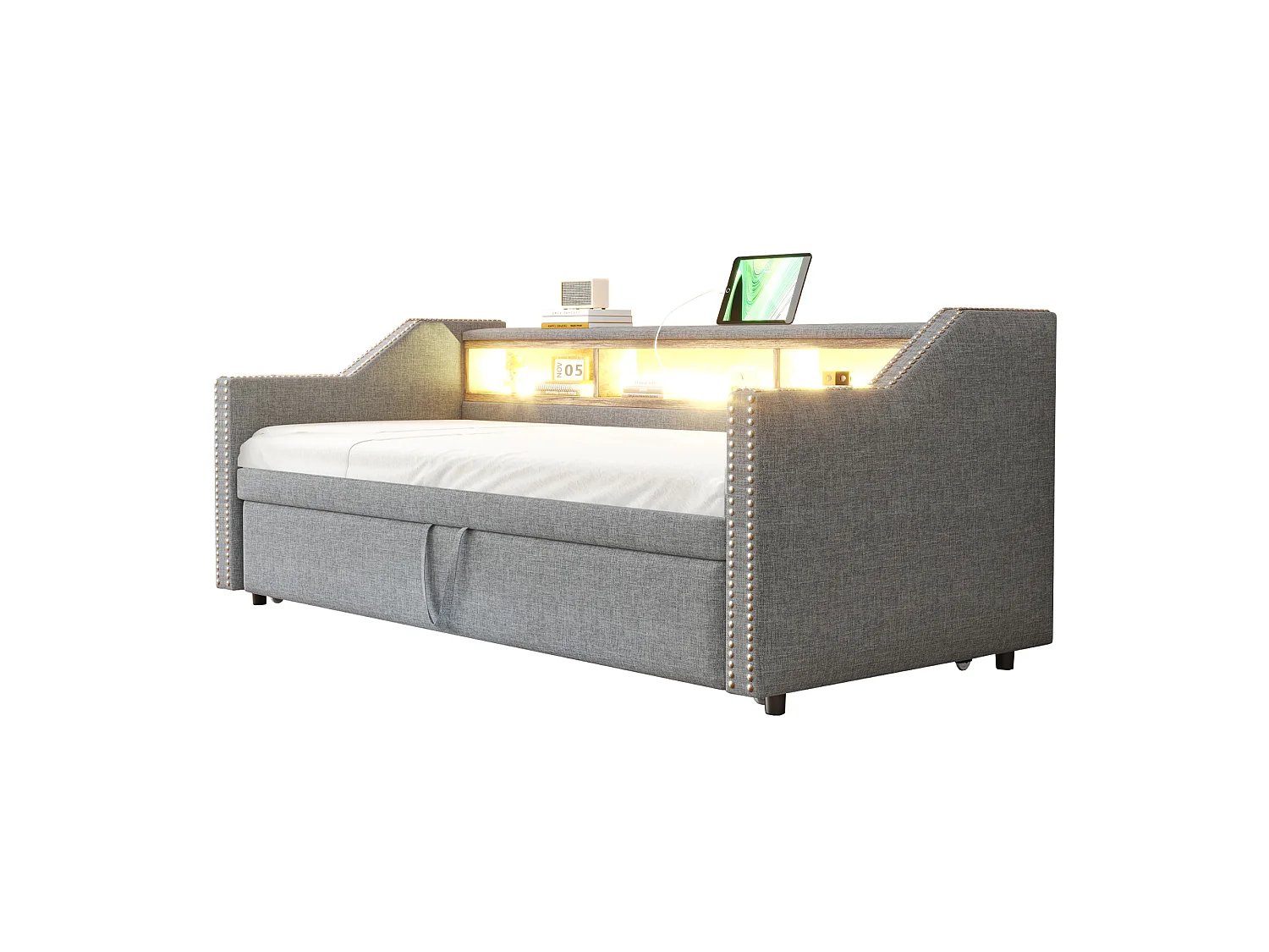 Uitschuifbaar gestoffeerd slaapbankbed 90/180x190 cm van stof, lichtgrijs, met USB & LED en opbergvakken